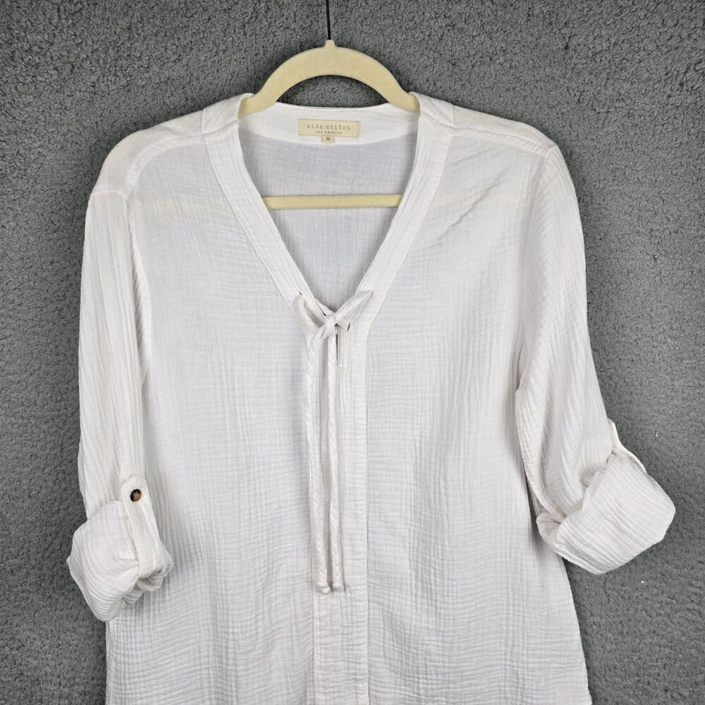 Side Stitch LA Cover Up Women M White Cotton Roll Tab Sleeves Lace Up V-Neck - Picture 5 of 12